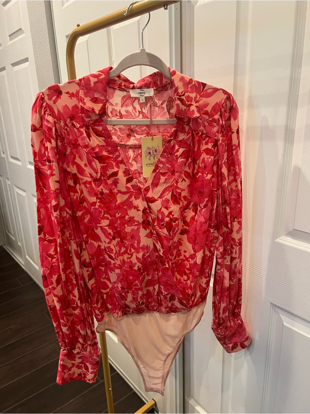 entro Pink Floral Wrap-Style Long-Sleeve Bodysuit